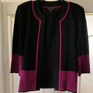 Ming Wang 2-PC Black & Fuchsia Knit Open Front Cardigan w/Knit Shell Top, Size M